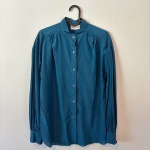 Vntg PUCCINI Teal Button-Up Shirt w/ band collar